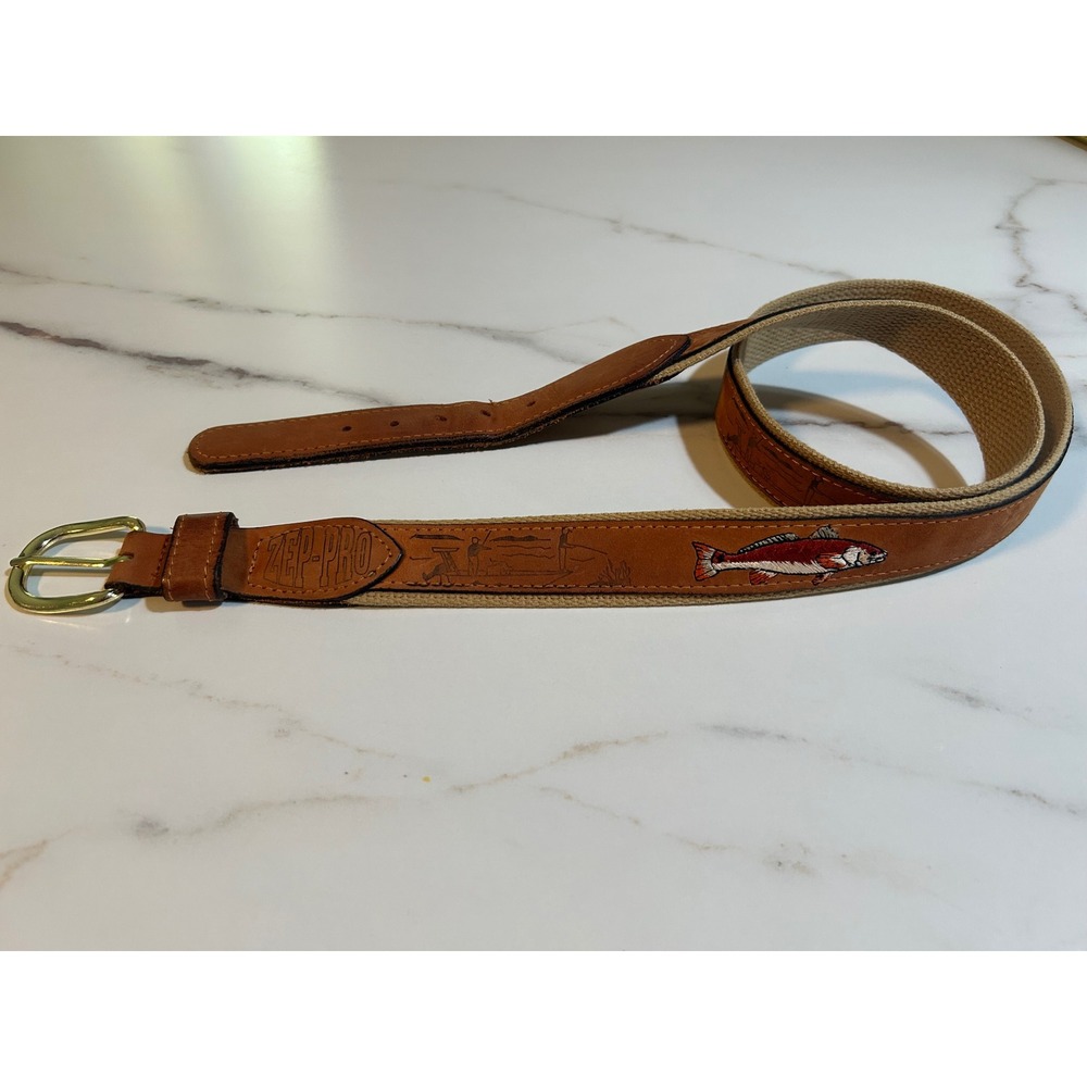 Zep-Pro Mens Fishing Belt Leather Canvas Redfish Embroidered USA Made Size 40